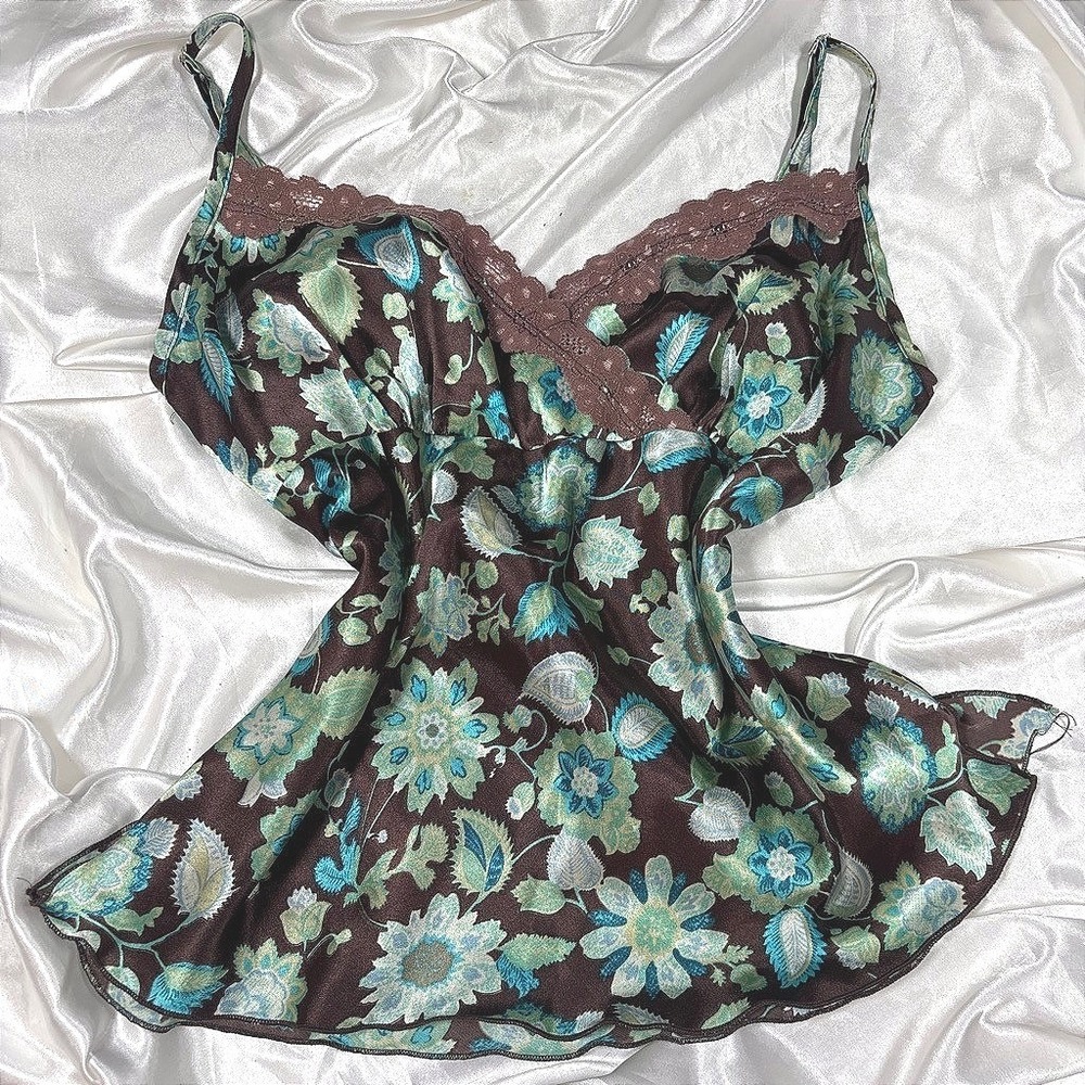 y2k floral Cami Brown Satin Lace Trim AB Studio Made in USA M